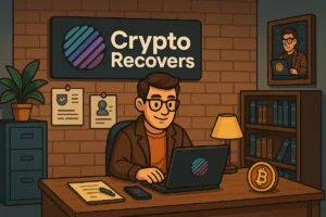 Illustration of a professional working at a crypto recovery company office, symbolizing trust and legitimacy. The scene includes a Crypto Recovers logo, secure documents on the wall, and a Bitcoin symbol, emphasizing how to identify a reputable crypto recovery service.