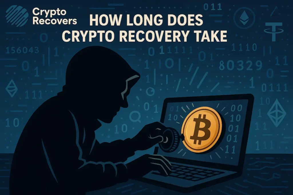 Illustration of a person in a hoodie using a laptop to recover a Bitcoin wallet, with the text 'How Long Does Crypto Recovery Take' and the Crypto Recovers logo. Background features cryptocurrency symbols and binary code.