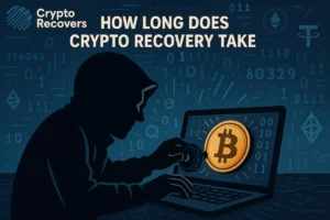 Illustration of a person in a hoodie using a laptop to recover a Bitcoin wallet, with the text 'How Long Does Crypto Recovery Take' and the Crypto Recovers logo. Background features cryptocurrency symbols and binary code.