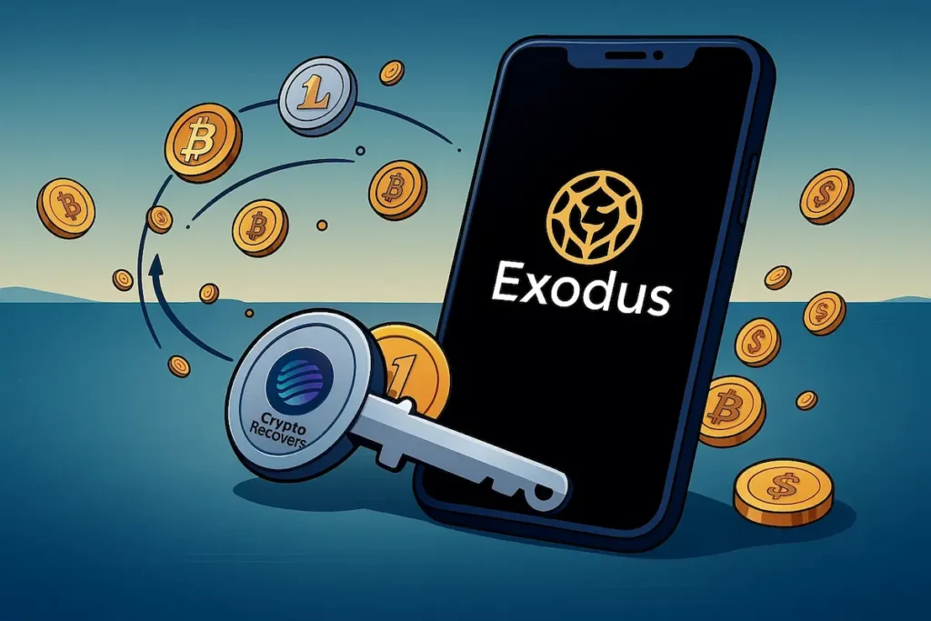 Illustration of a smartphone displaying the Exodus crypto wallet logo, surrounded by flying cryptocurrency coins including Bitcoin and Litecoin. A key labeled 'Crypto Recovers' symbolizes wallet recovery, suggesting secure access or restoration of digital assets.