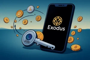 Illustration of a smartphone displaying the text Exodus, surrounded by flying cryptocurrency coins including Bitcoin and Litecoin. A key labeled 'Crypto Recovers' symbolizes wallet recovery, suggesting secure access or restoration of digital assets.