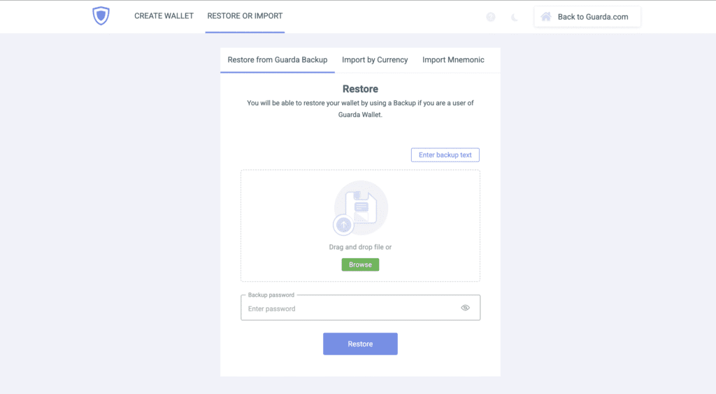 How to restore Guarda wallet using backup text or file upload. Guarda Wallet interface showing options to enter backup text, drag and drop a file, or browse for a backup file, along with entering a backup password.