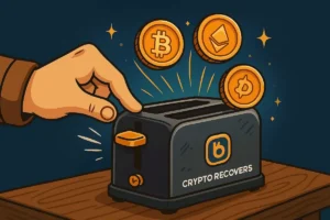 Illustration of a hand pushing a button on a toaster labeled "Crypto Recovers," with Bitcoin, Ethereum, and Dogecoin coins popping out—symbolizing the recovery of crypto assets after BRD wallet shutdown.