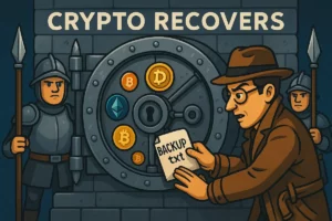 Detective restoring Guarda wallet using backup text file in front of a secure crypto vault guarded by soldiers, featuring Bitcoin, Ethereum, and other coin symbols.