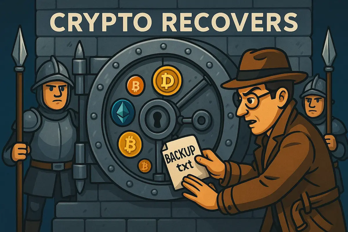 Detective restoring Guarda wallet using backup text file in front of a secure crypto vault guarded by soldiers, featuring Bitcoin, Ethereum, and other coin symbols.
