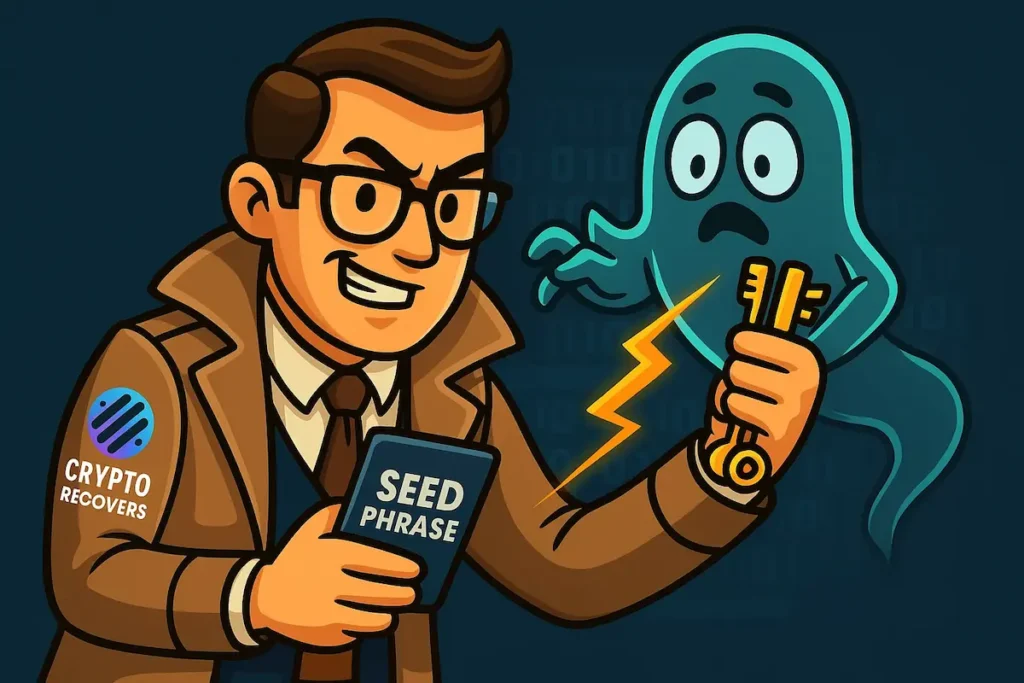 Crypto Recovers agent retrieving seed phrase and keys from ghostly Phantom wallet to restore access