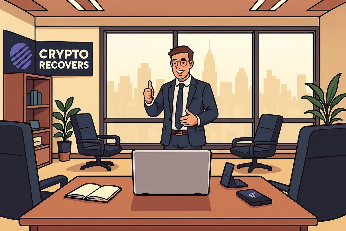 Professional crypto recovery expert in office giving thumbs up, with Crypto Recovers logo, laptop, and city skyline in background, representing trusted cryptocurrency wallet recovery services