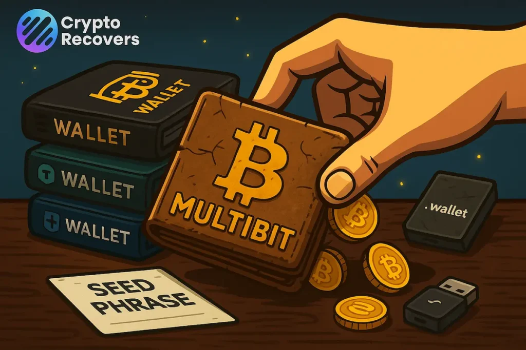 Old Multibit wallet illustration featuring a hand holding a worn Bitcoin Multibit wallet, surrounded by seed phrase, Trezor wallets, hardware wallets, and Crypto Recovers logo.