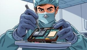A surgeon in a well-lit medical lab meticulously examining a damaged Crypto Recovers hardware wallet. Gloved hands wielding precision tools as they inspect the internal components. A look of deep concentration on the surgeon's face, determined to restore the device to working order. The wallet lies open on a sterile metal tray, its intricate circuitry exposed. Bright overhead lighting casts stark shadows, highlighting the delicate nature of the repair process. An air of technical complexity pervades the scene, underscoring the importance of hardware wallet security.