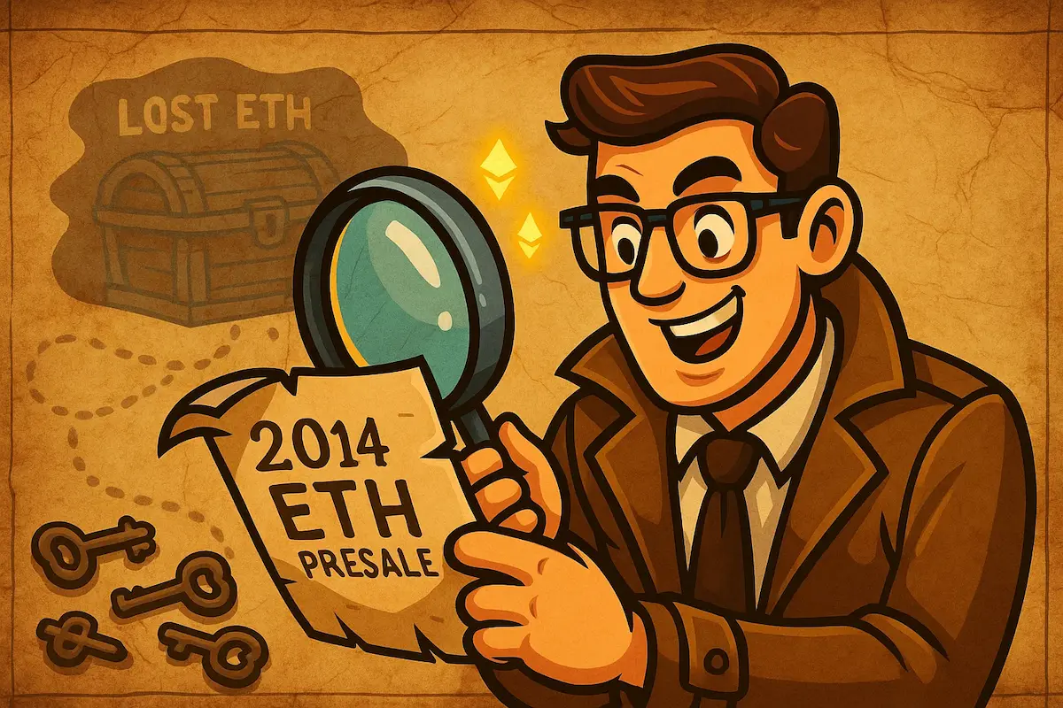 Cartoon detective examining a torn paper labeled '2014 ETH Presale' with a magnifying glass, symbolizing the search for lost Ethereum from the 2014 presale. A treasure chest labeled 'Lost ETH' and several keys are in the background, evoking themes of crypto recovery and investigation.