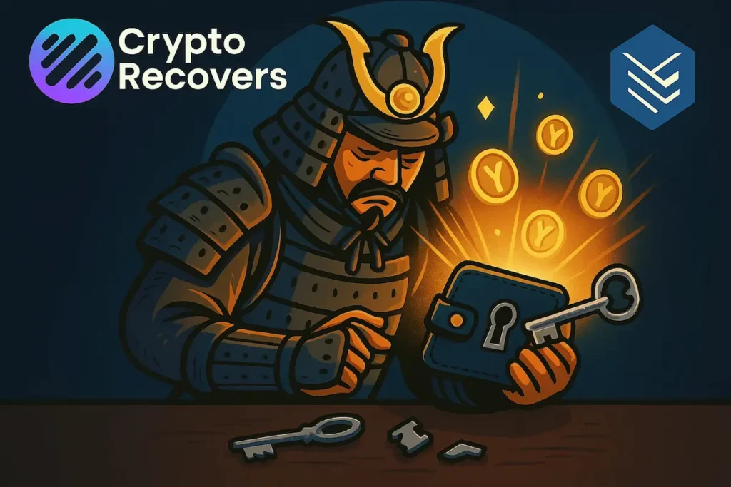 Samurai unlocking a Yoroi crypto wallet to recover ADA coins, representing how to restore access to a lost Yoroi wallet and spending password—CryptoRecovers.com crypto recovery service.