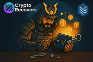 Samurai unlocking a Yoroi crypto wallet to recover ADA coins, representing how to restore access to a lost Yoroi wallet and spending password—CryptoRecovers.com crypto recovery service.