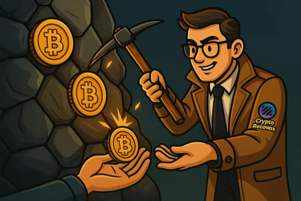 Cartoon illustration of a detective in a brown trench coat with a Crypto Recovers logo, using a pickaxe to extract Bitcoin coins from a rock wall representing Bitcoin Wallet recovery and handing one to another person’s outstretched hand.
