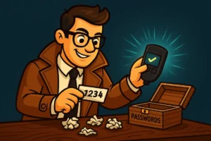 Cartoon-style detective successfully recovering a Trezor passphrase, holding a paper with a code and a hardware wallet showing a checkmark, with a wooden password box on the table.