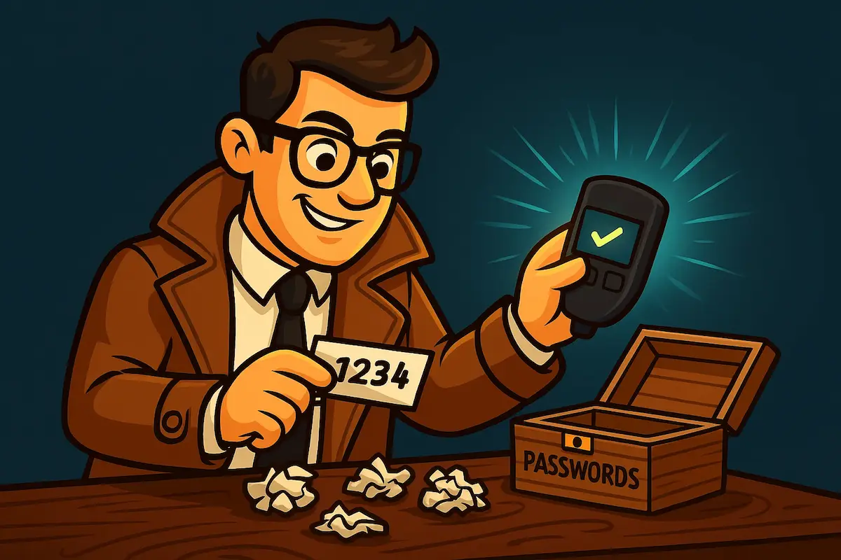 Cartoon-style detective successfully recovering a Trezor passphrase, holding a paper with a code and a hardware wallet showing a checkmark, with a wooden password box on the table.