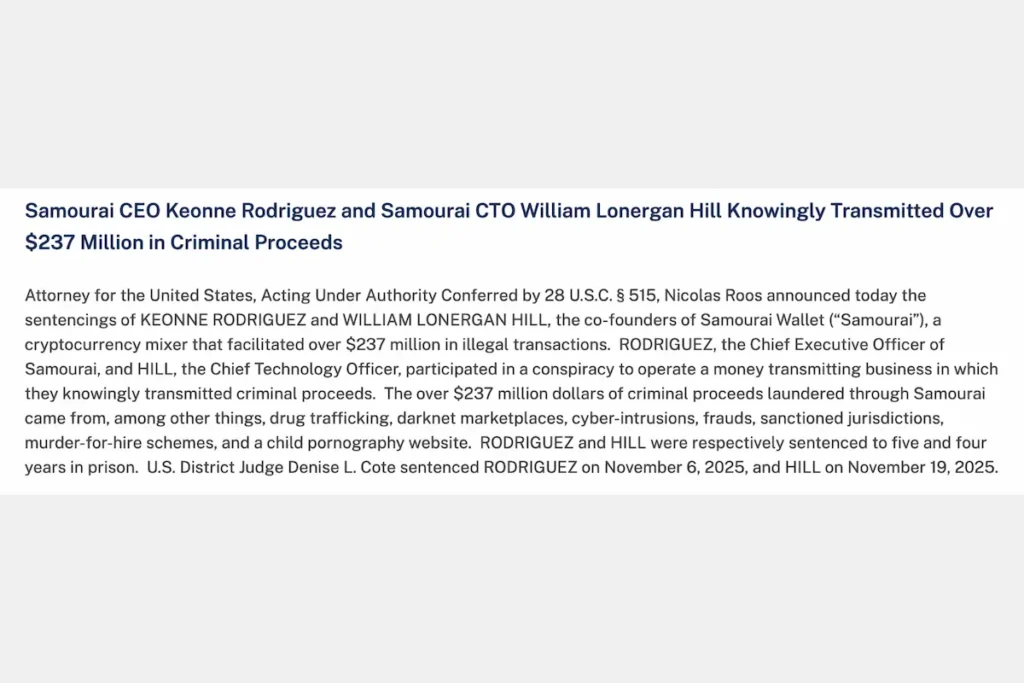 Samourai Wallet seized: DOJ announces criminal charges and sentencing of the wallet’s founders.