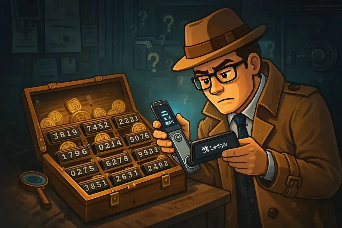 forgot-ledger-pin Cartoon detective trying to recover a Ledger hardware wallet after forgetting the PIN, surrounded by Bitcoin icons and random number combinations, symbolizing the frustration of lost crypto access.