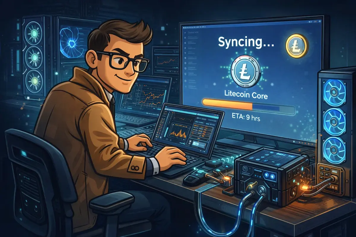 litecoin-core-wallet-recovery Illustration of a focused developer sitting at a desk full of monitors and servers, working on a laptop while Litecoin Core synchronizes in the background, with glowing charts, cables, and a progress bar showing several hours remaining.