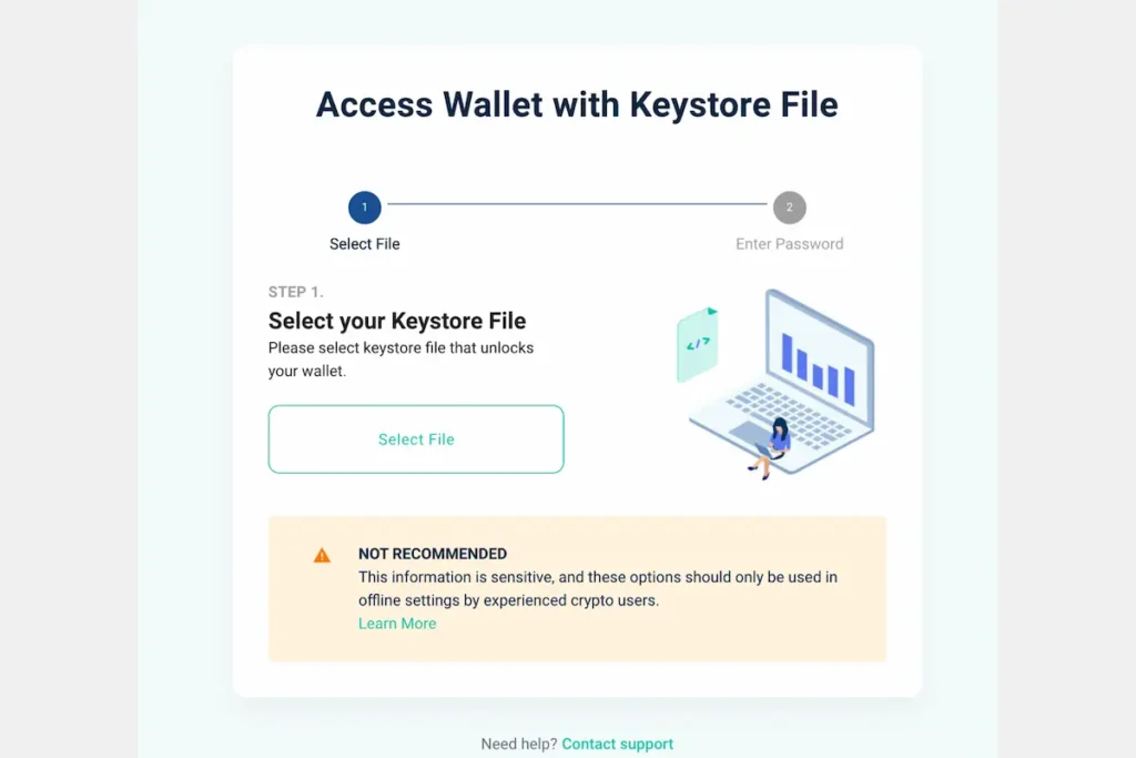 MyEtherWallet's keystore file recovery screen showing Step 1 of 2, with a Select File button to upload your JSON keystore file and a warning to only use this method offline.