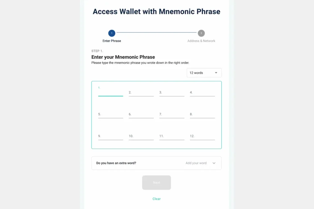 MyEtherWallet's Access Wallet with Mnemonic Phrase screen showing a 12-word input grid where users type their recovery phrase in the correct order to recover their wallet.
