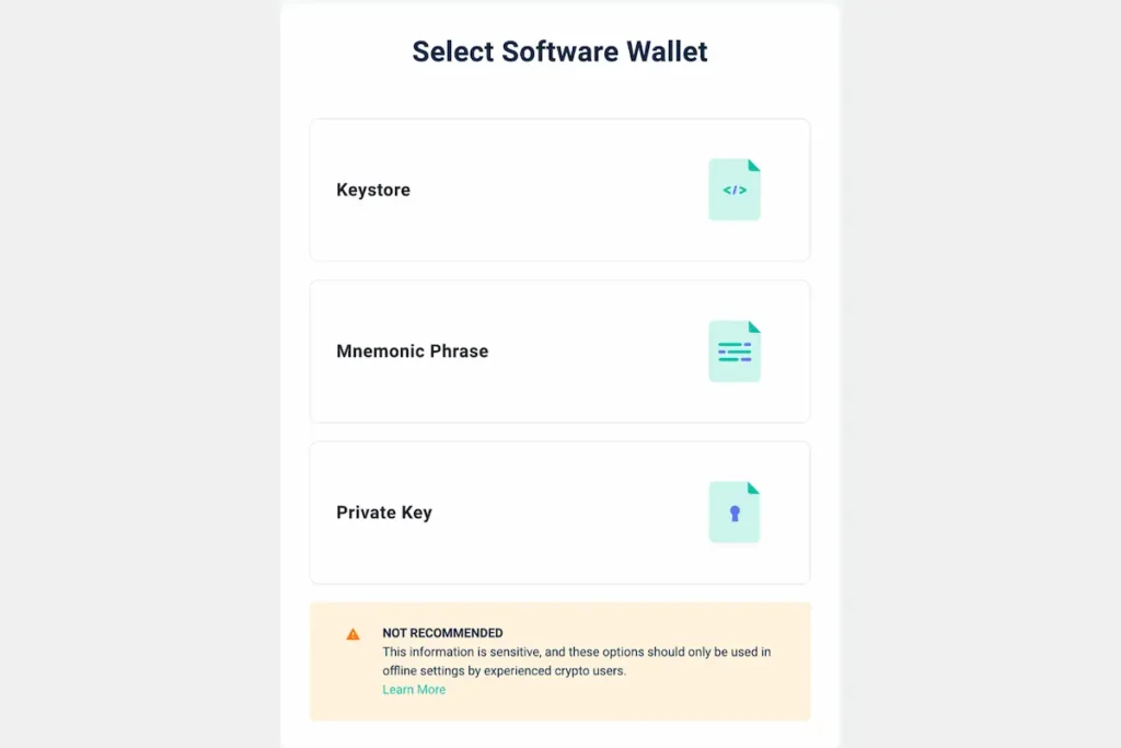 MyEtherWallet's Select Software Wallet screen showing three recovery options: Keystore, Mnemonic Phrase, and Private Key, with a 'Not Recommended' warning that these should only be used offline by experienced users
