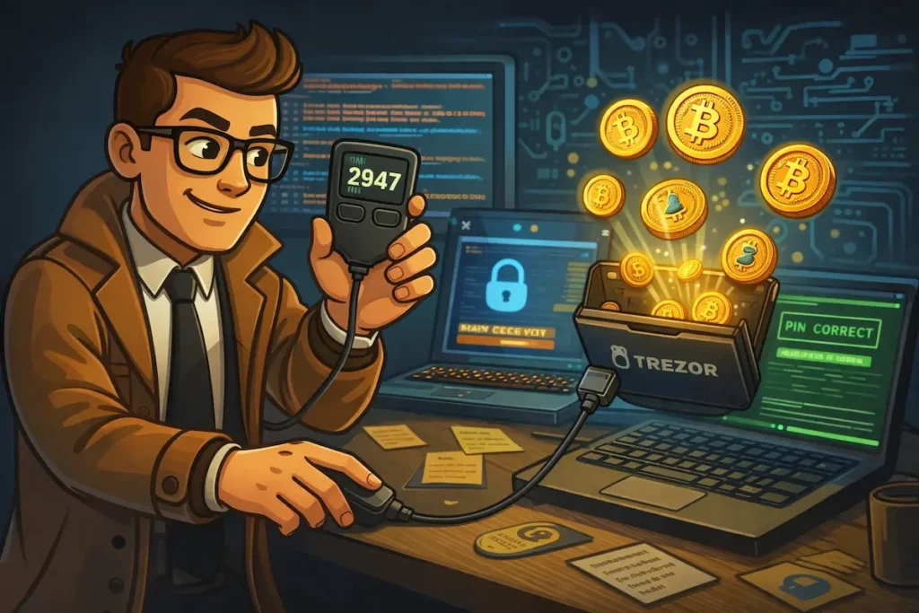 Man recovering access to Trezor hardware wallet after forgotten PIN, with Bitcoin coins and PIN correct screen