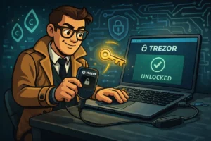 CryptoRecovers detective unlocking a Trezor hardware wallet connected to a laptop showing "Unlocked" on screen, with a golden key and security shields in the background.