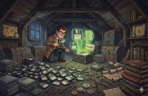 Illustration of a person discovering an old MultiBit wallet file in a dusty attic while examining backup disks, wallet files, and cryptographic keys, representing how to extract and sweep funds from a legacy MultiBit wallet.
