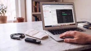 Suspicious email open on a laptop screen beside an untouched hardware wallet and a folded paper recovery sheet on a wooden desk