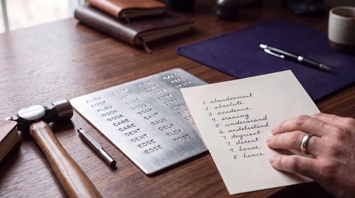 metal-seed-phrase-backup-vs-paper-recovery-sheet Stamped stainless steel seed phrase backup plate on a wooden desk next to a water-damaged paper recovery sheet with faded handwriting