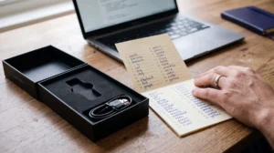 Empty hardware wallet box on a wooden desk next to a handwritten 24-word recovery sheet, showing restoration is possible without the device