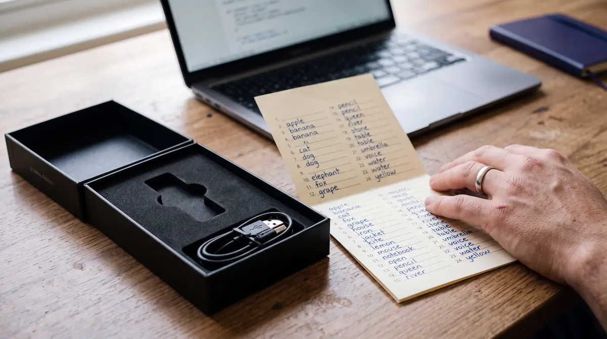 restore-ledger-without-device-empty-box Empty hardware wallet box on a wooden desk next to a handwritten 24-word recovery sheet, showing restoration is possible without the device