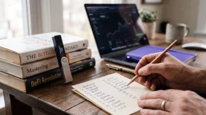 Handwritten 24-word recovery sheet being checked word by word on a wooden desk, with a hardware wallet screen lit in the background