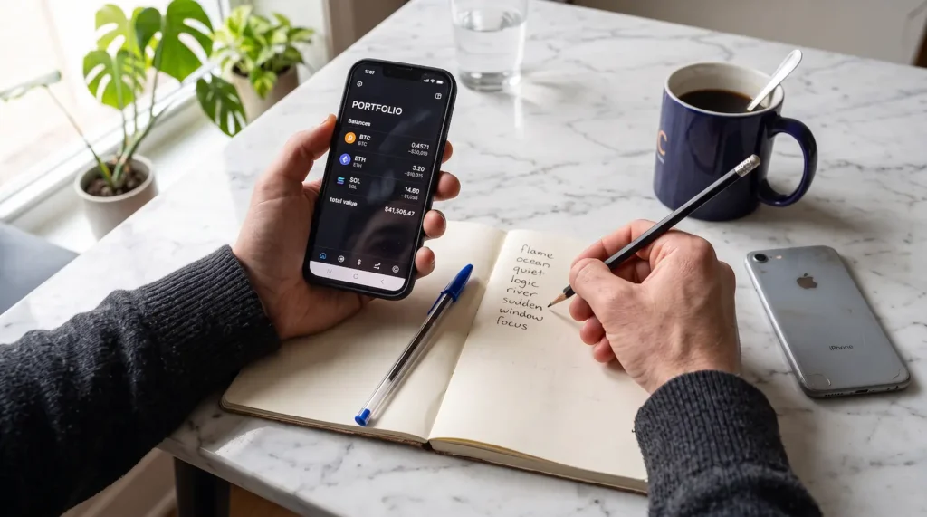 Copying a crypto wallet recovery phrase onto paper before switching to another wallet app