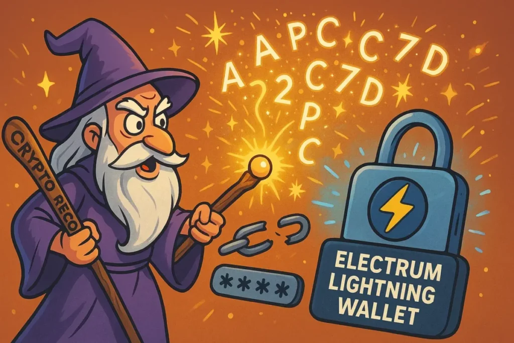 Illustration of a wizard recovering an Electrum Lightning Wallet with a magic wand and password cracking spell